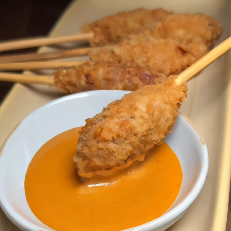 Crispy fried skewers from Kantina Kita, one dipped in a vibrant orange sauce, with more in the background.