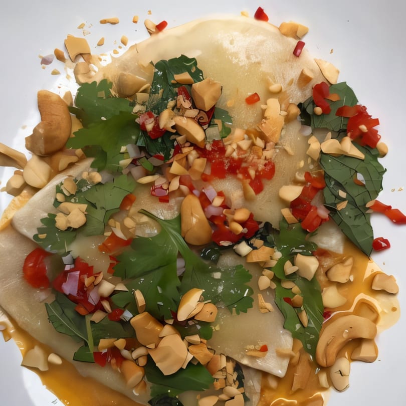 Asian-fusion dumplings topped with chopped peanuts, red peppers, and green herbs in a savory sauce.